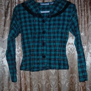 Teal and Black Plaid Button-Up Jacket